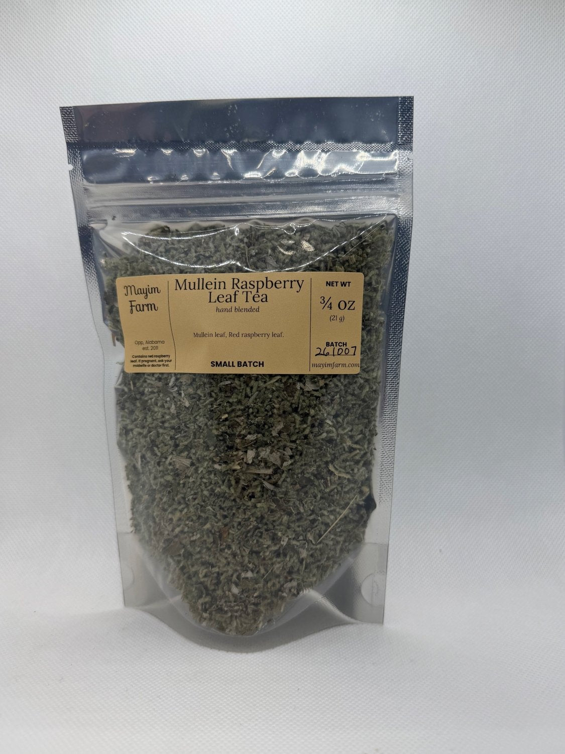21 gram bag of Mullein Raspberry Leaf Tea with the Mayim Farm label
