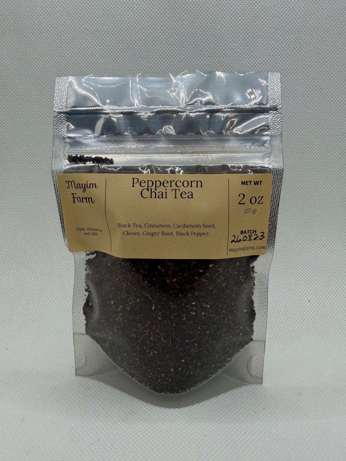 Peppercorn Chai Tea bag front, black tea with peppercorn and whole chai spices, hand packed in Opp, Alabama