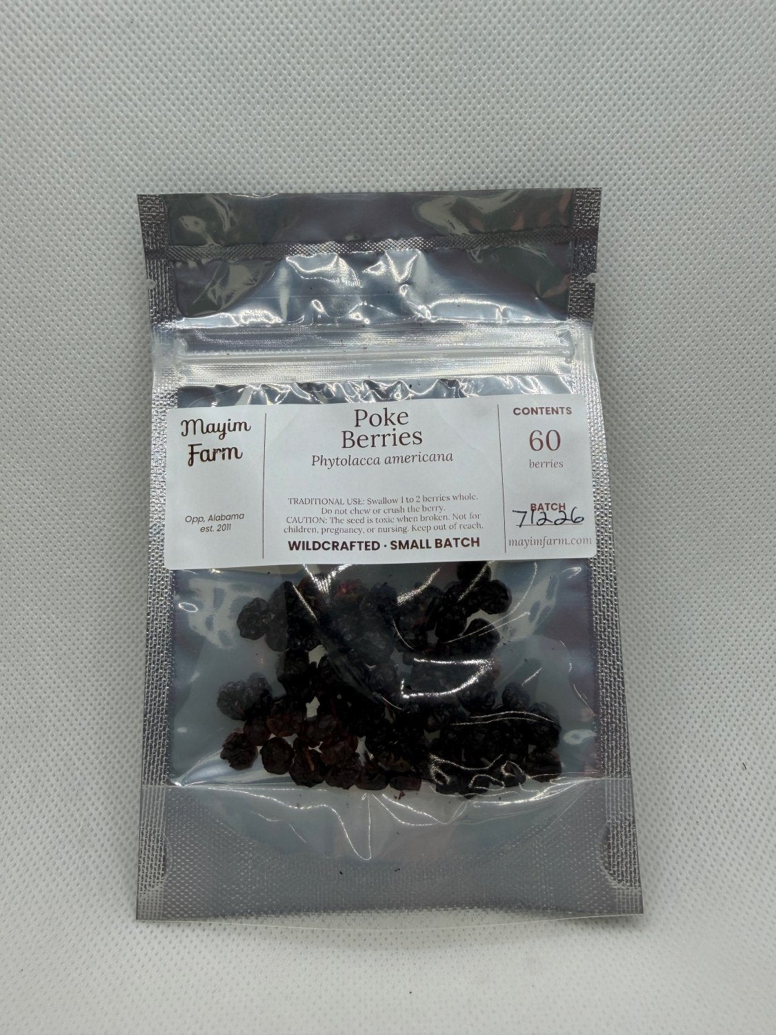 Dried poke berries package front, wild harvested by hand in south Alabama