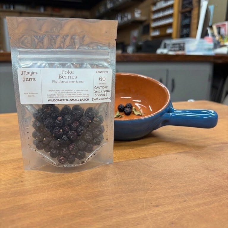 Dried poke berries wild harvested from Mayim Farm land in Alabama