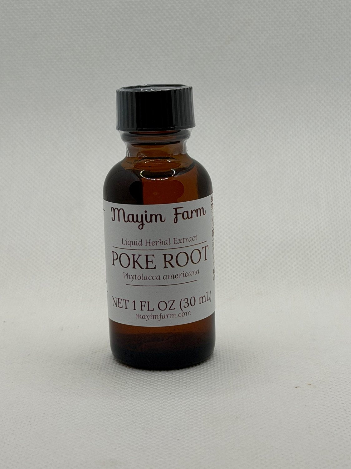 Poke Root Extract, 1 fl oz amber glass bottle, liquid herbal extract made at Mayim Farm in Opp, Alabama