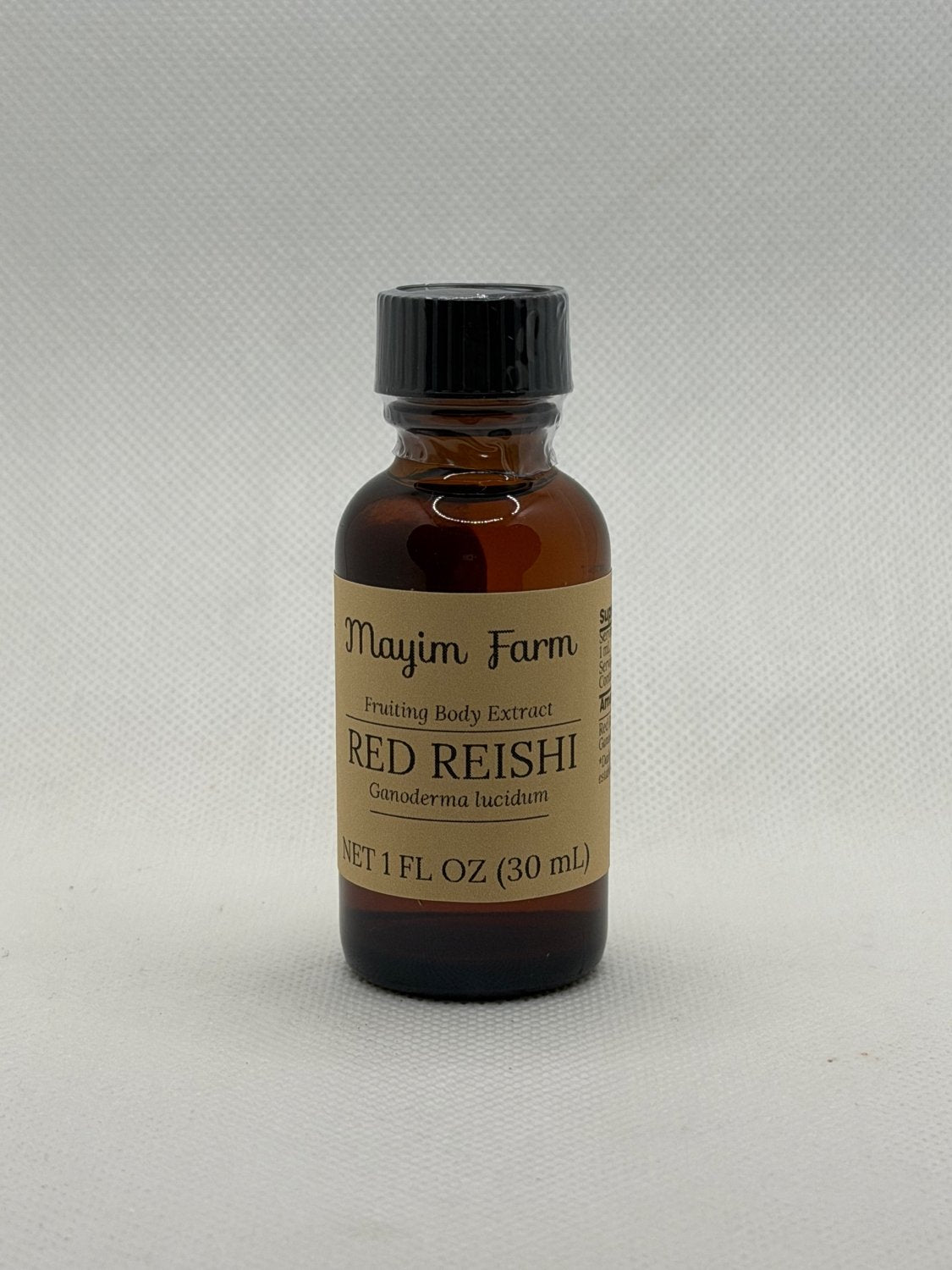Red Reishi Mushroom Extract, 1 fl oz amber glass bottle, liquid herbal extract made at Mayim Farm in Opp, Alabama