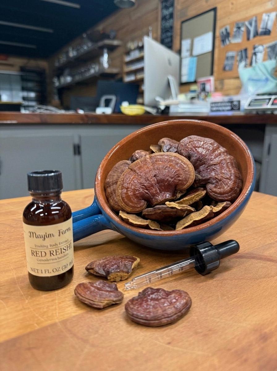 Red Reishi Mushroom Extract in an amber dropper bottle beside a bowl of whole dried reishi mushrooms, extracted in small batches at Mayim Farm in Opp, Alabama