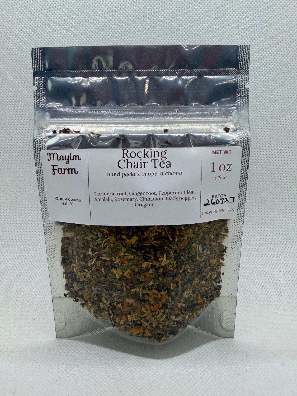 Rocking Chair Tea bag front, a loose leaf evening blend packed by hand at Mayim Farm in Opp, Alabama