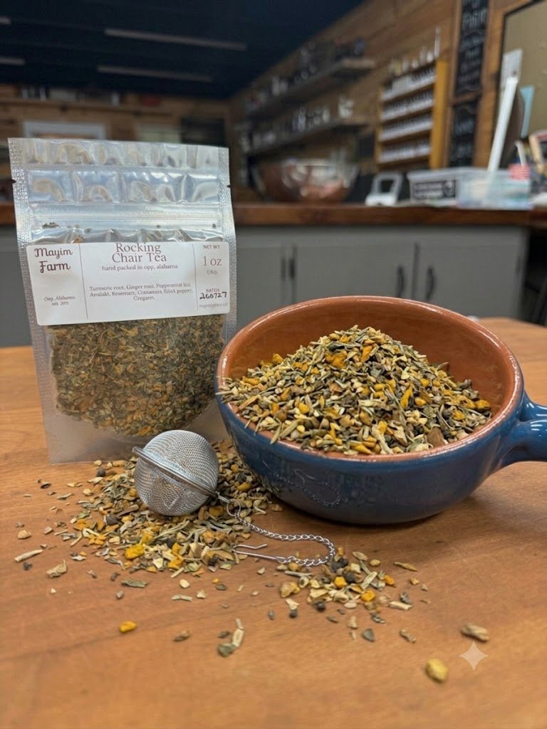 Rocking Chair Tea loose leaf blend, packed by hand at Mayim Farm in Opp, Alabama