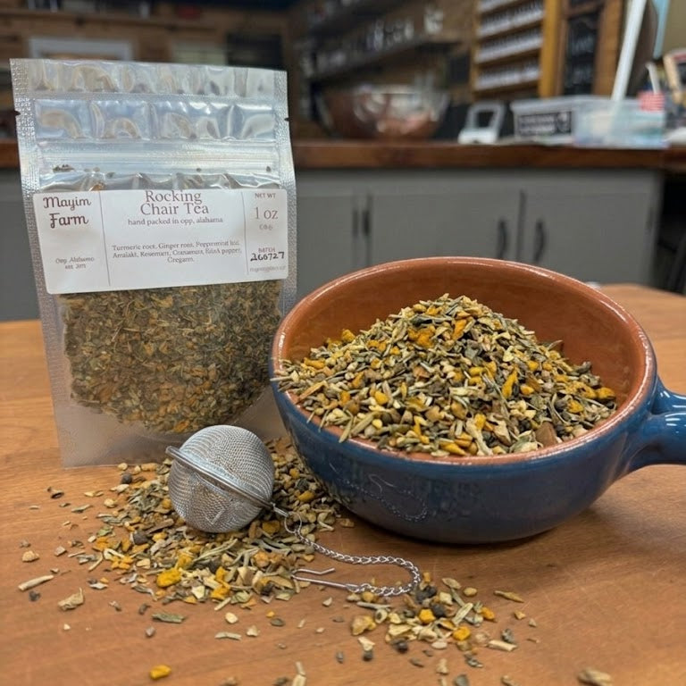 Rocking Chair Tea loose leaf blend, packed by hand at Mayim Farm in Opp, Alabama