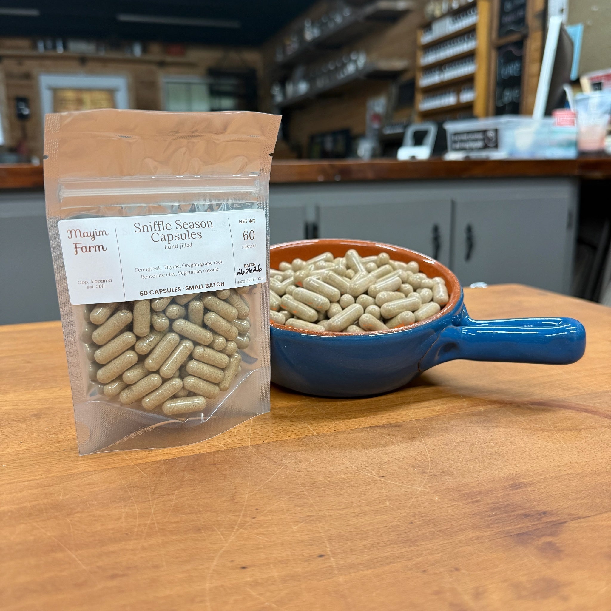 Sniffle Season Capsules, hand-filled at Mayim Farm in Opp, Alabama