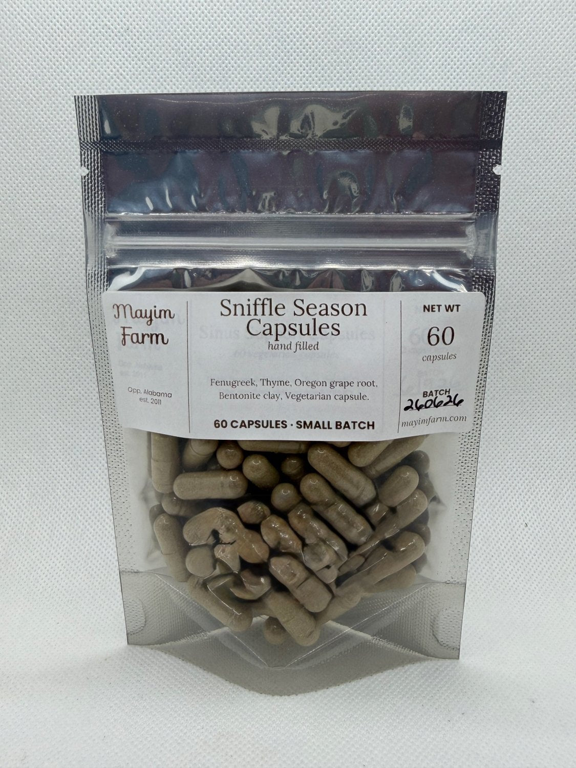 Sniffle Season Capsules pouch front, hand filled at Mayim Farm in Opp, Alabama