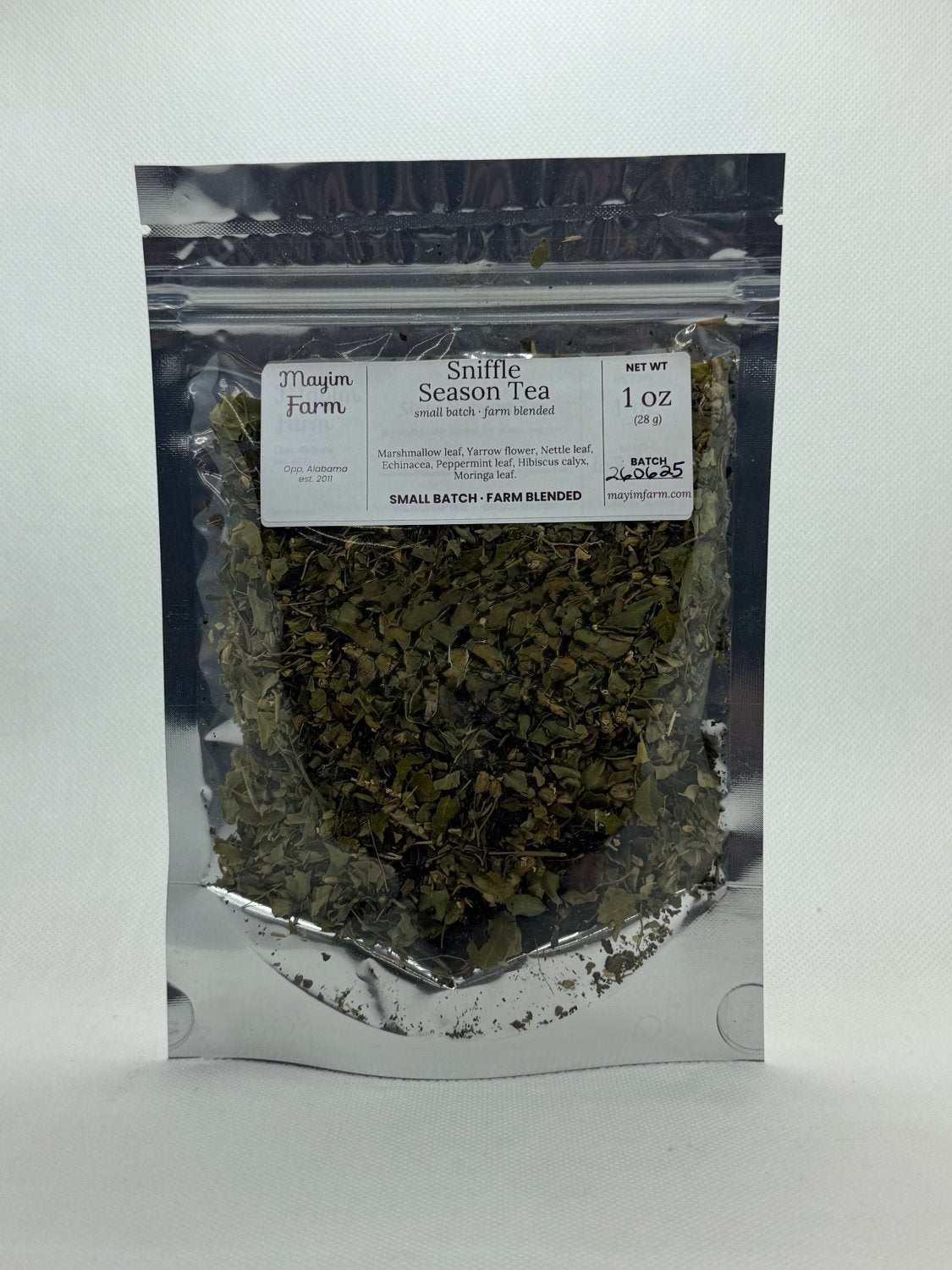 Mayim Farm Sniffle Season Tea, 1 oz bag of loose herbal tea blended by hand in Opp, Alabama