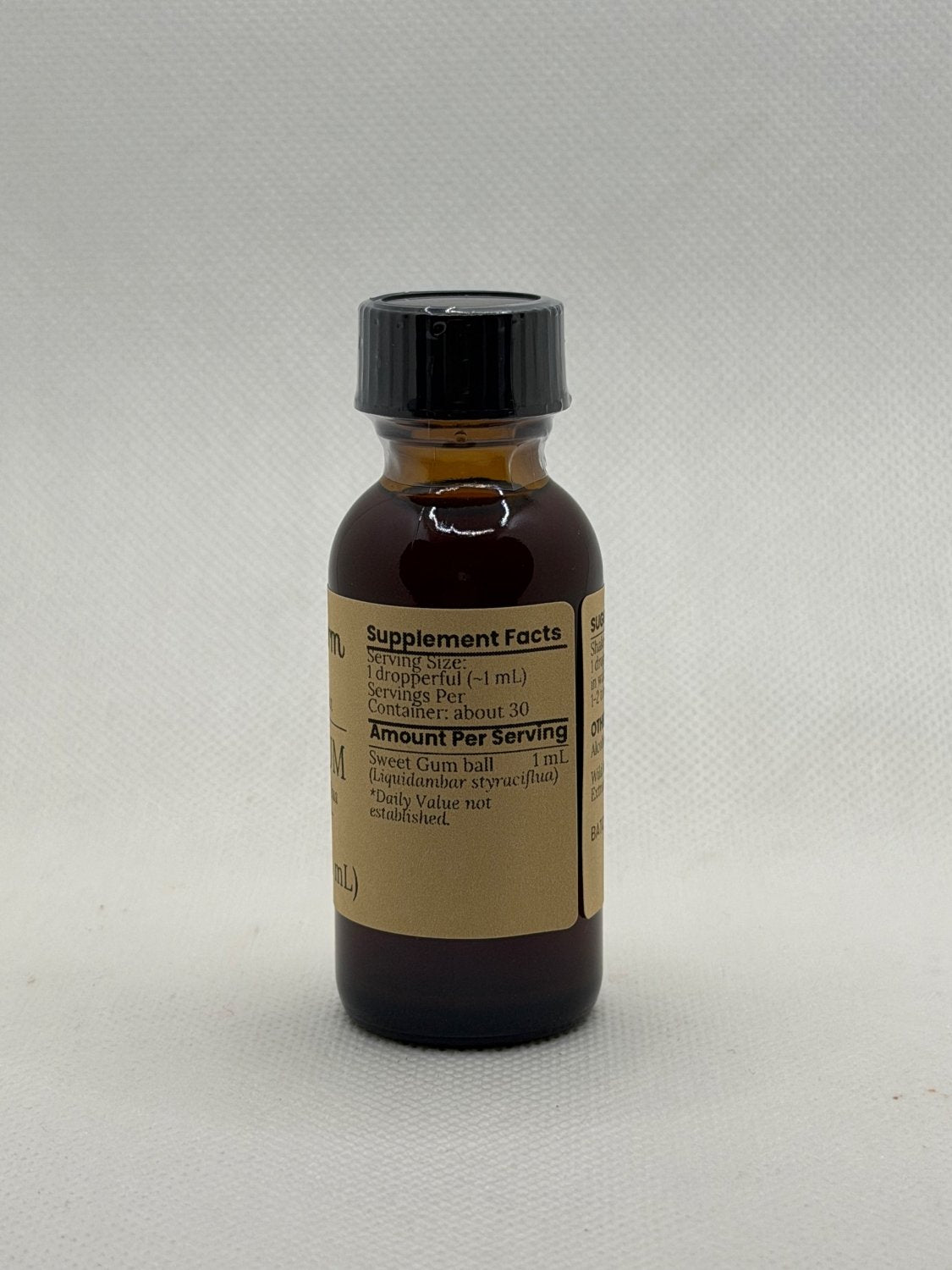 Sweet Gum Ball Extract supplement facts panel on the Mayim Farm bottle label