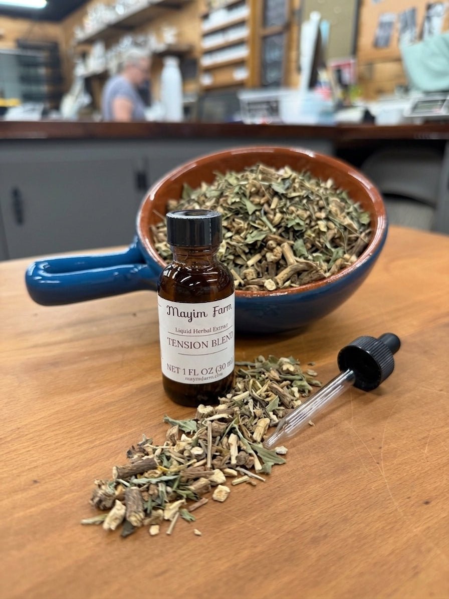 Tension Blend tincture, small batch blended and extracted at Mayim Farm in Opp, Alabama