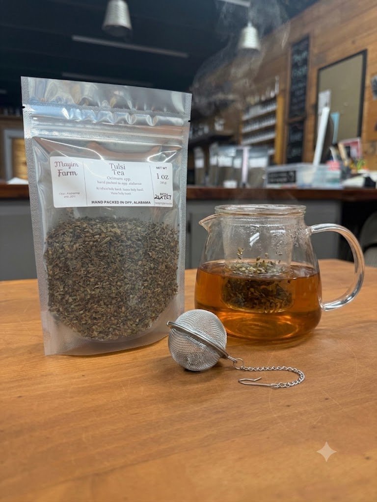 Tulsi holy basil herbal tea blend from Mayim Farm Alabama