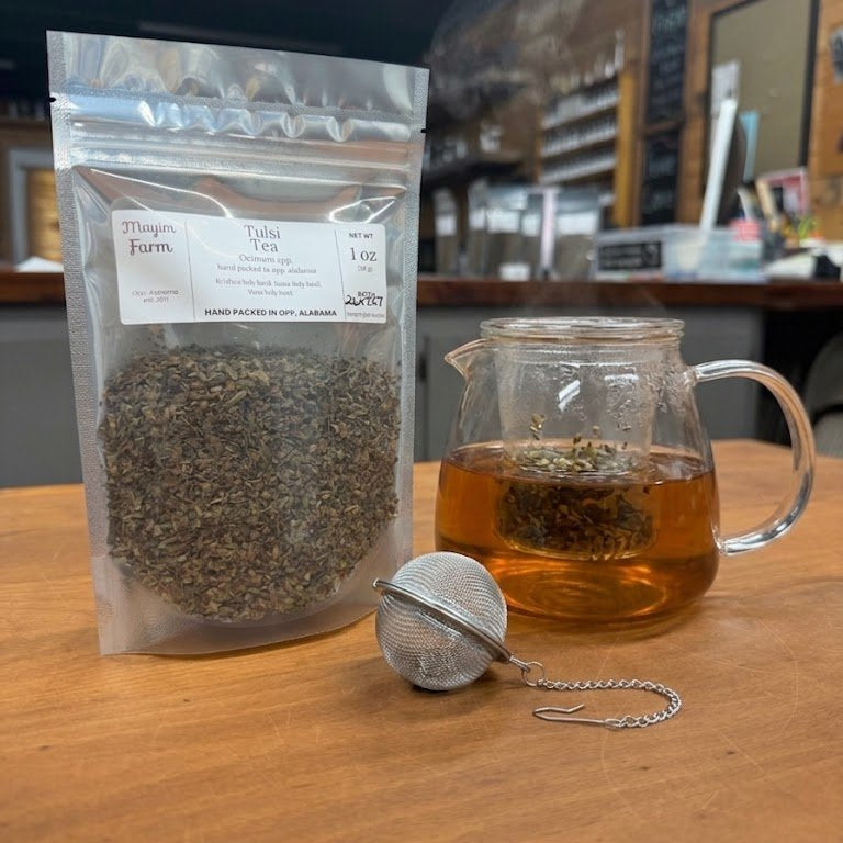 Tulsi holy basil herbal tea blend from Mayim Farm Alabama