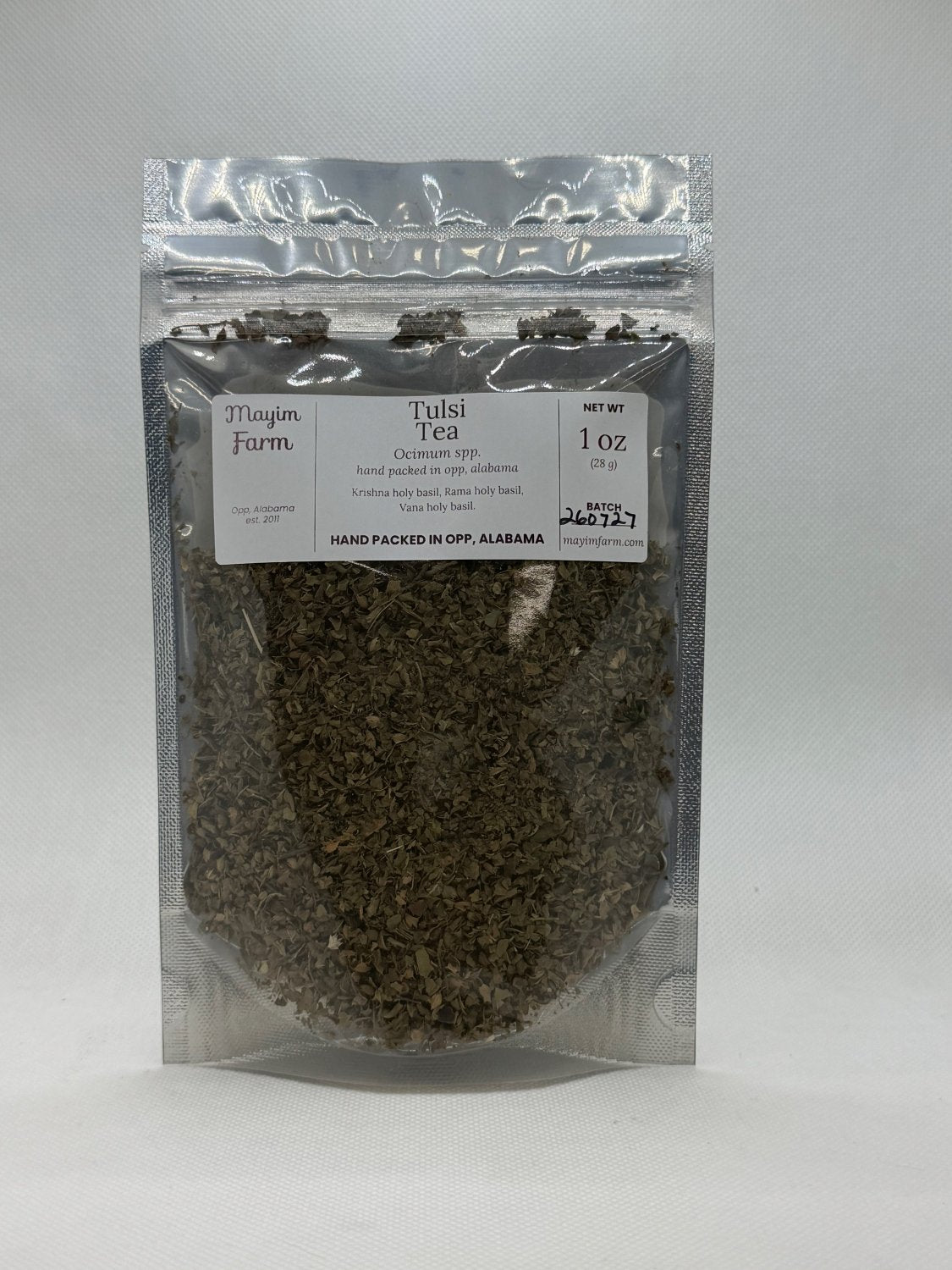 Mayim Farm Tulsi Tea, 1 oz bag of loose tulsi hand packed in Opp, Alabama
