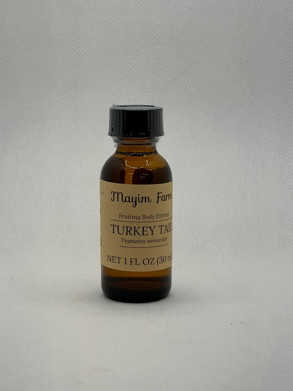Turkey Tail Extract, 1 fl oz amber glass bottle, fruiting body extract made at Mayim Farm in Opp, Alabama