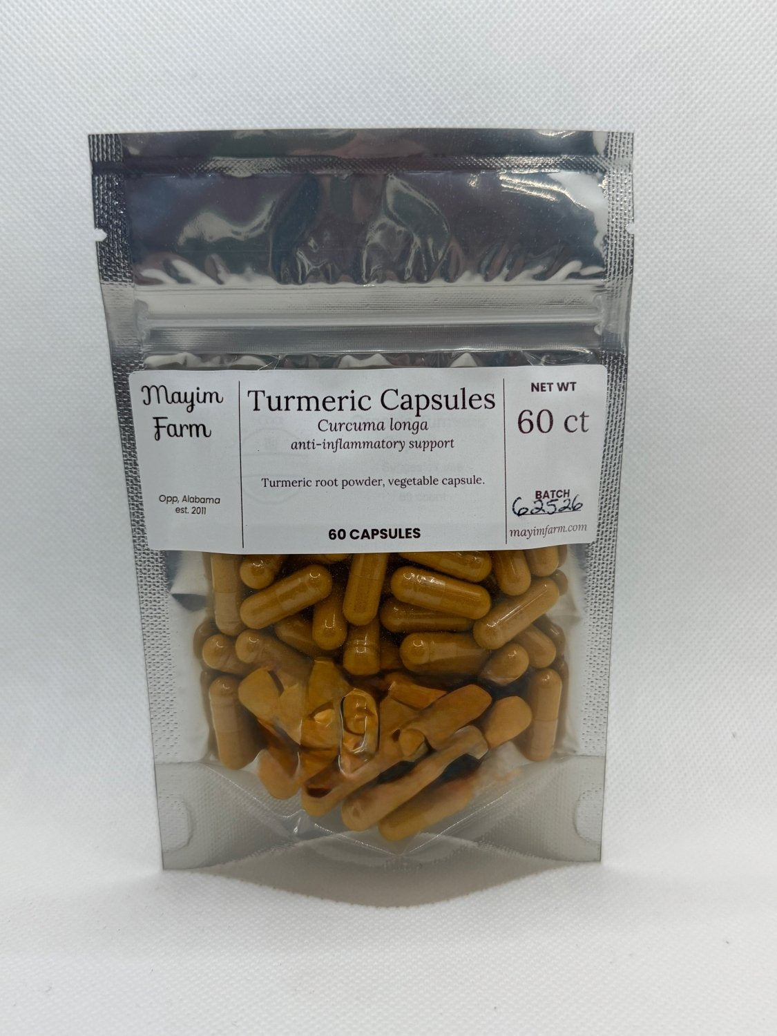 Turmeric Capsules pouch front, hand filled at Mayim Farm in Opp, Alabama