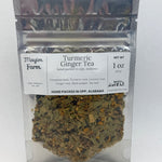 Turmeric Ginger Tea bag front, a loose leaf turmeric and ginger blend packed by hand in Opp, Alabama