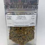 Turmeric Ginger Tea bag front, a loose leaf turmeric and ginger blend packed by hand in Opp, Alabama