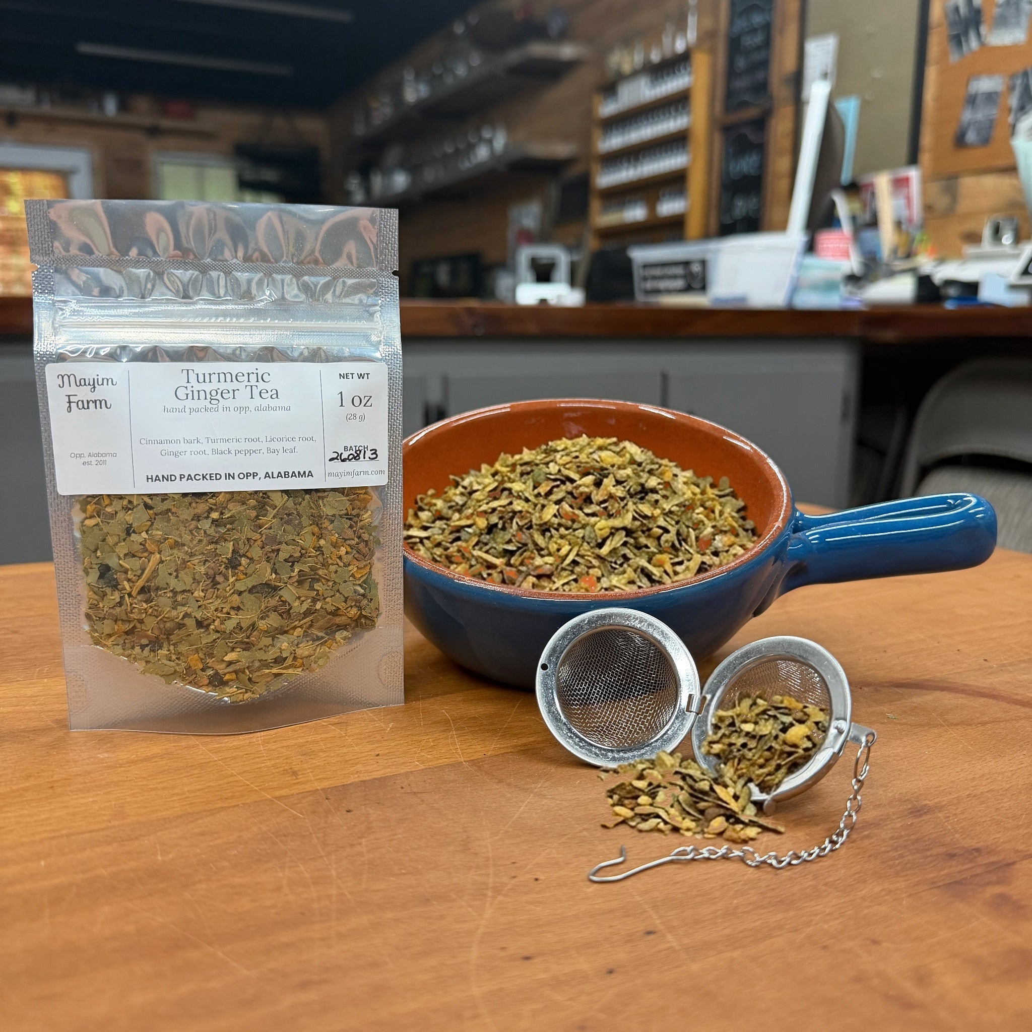 Turmeric Ginger Tea loose leaf blend, packed by hand at Mayim Farm in Opp, Alabama