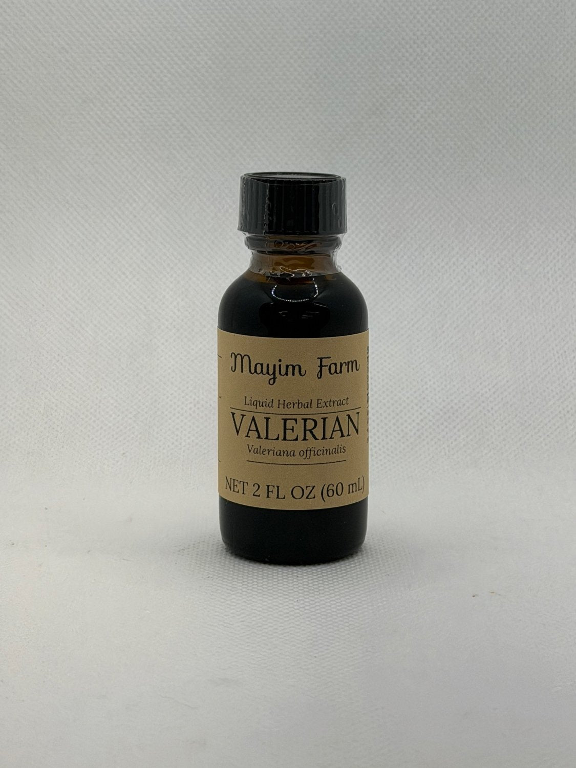 Valerian Extract, 2 fl oz amber glass bottle, liquid herbal extract made at Mayim Farm in Opp, Alabama
