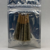 Five Mayim Farm Wildcrafted Mullein Prerolls in a clear bag, pure mullein leaf in unbleached paper