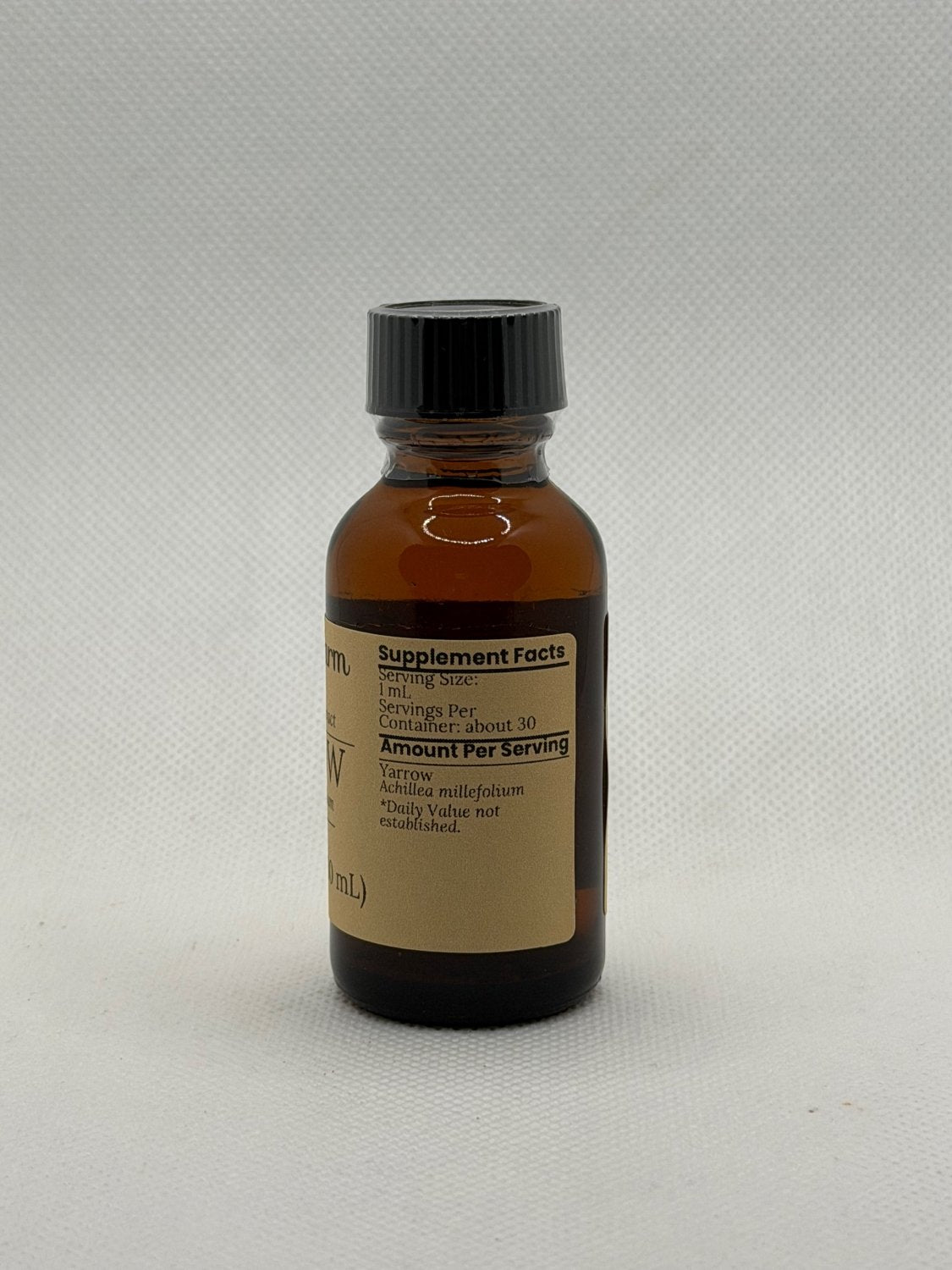 Yarrow Extract supplement facts panel on the Mayim Farm bottle label